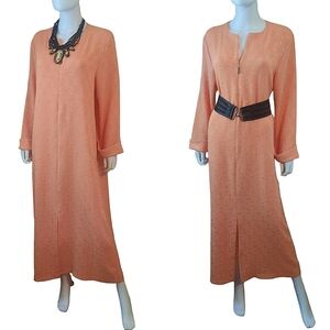 DIAMOND TEA Vintage Zip Front Jacquard Long Sleeve Maxi Caftan Dress Sz L Peach